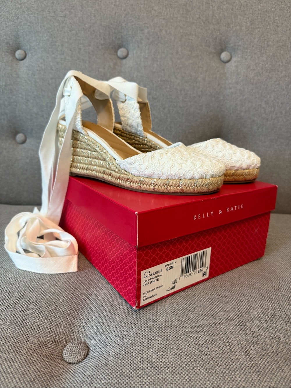 Kelly & Katie Off-White Lace Espadrille Wedge with Jute Platform and Ankle Ties